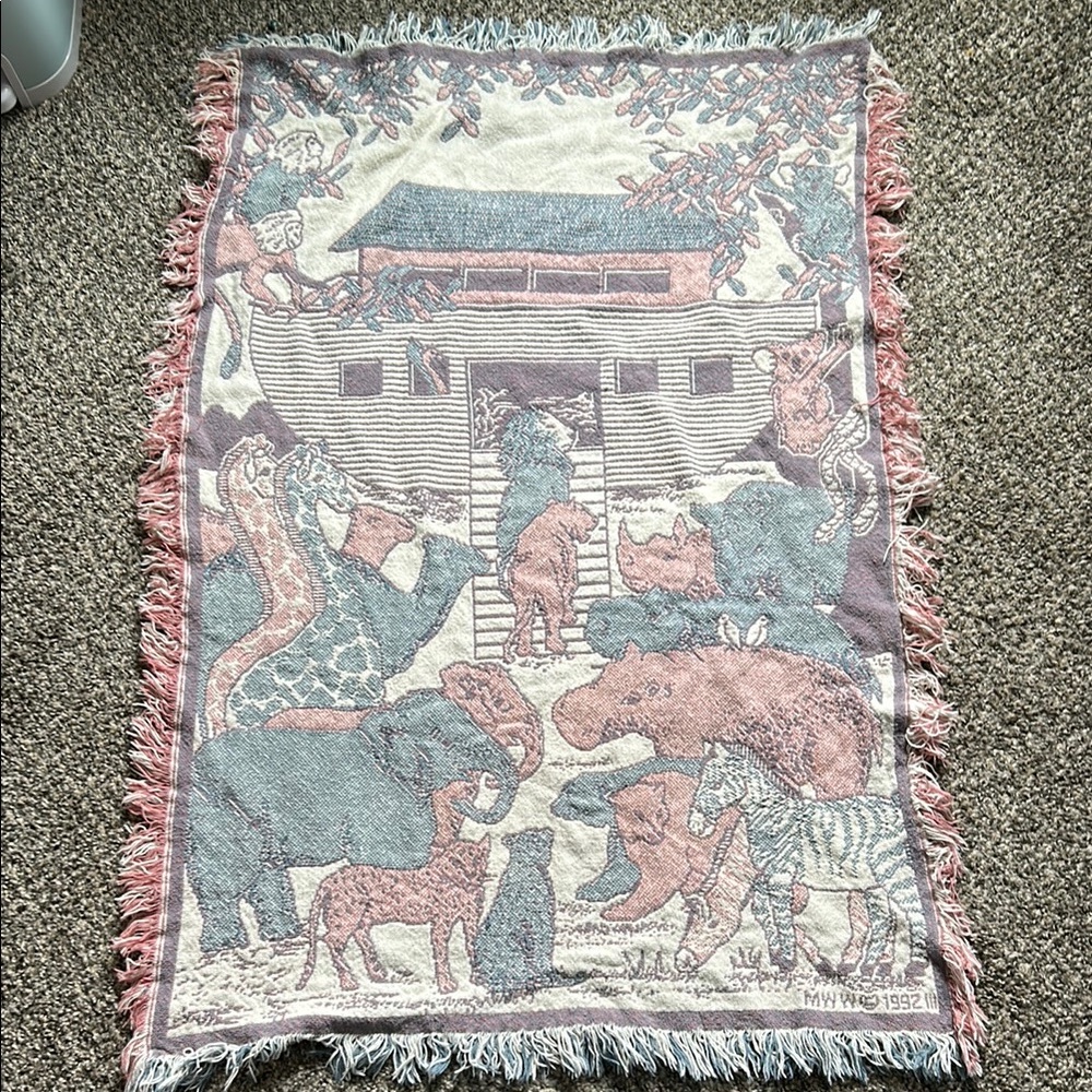 VINTAGE 1992 Noah’s Ark Print Tapestry Baby Blanket